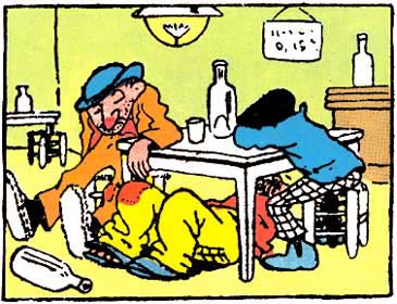 Les Pieds Nickelés sont à une table de bistro. Croquignol affalé sur sa chaise, Filochard vautré sur la table et Ribouldingue est couché sous la table. Ils dorment parmi les bouteilles vides.