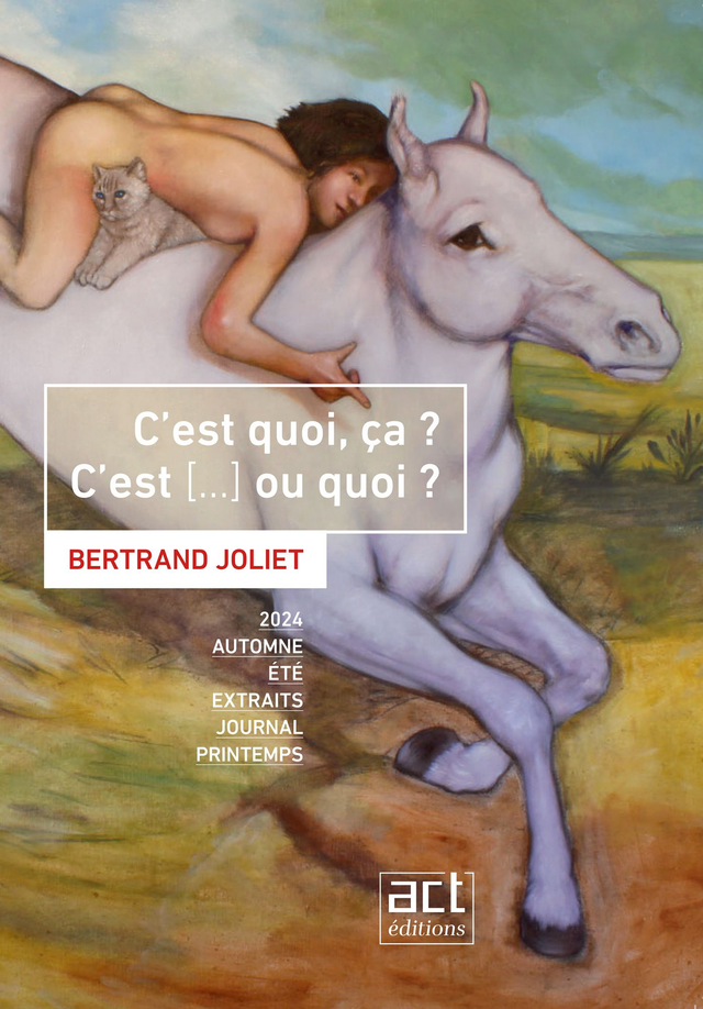 une femme nue sur un cheval blanc qui saute une petite butte de terre. Elle a coincé sous son ventre un chat blanchâtre..